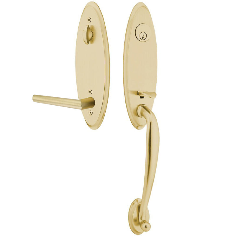 Emtek Single Cylinder Marietta Tubular Entrance Handleset With Right Handed Stuttgart Lever in Satin Brass finish