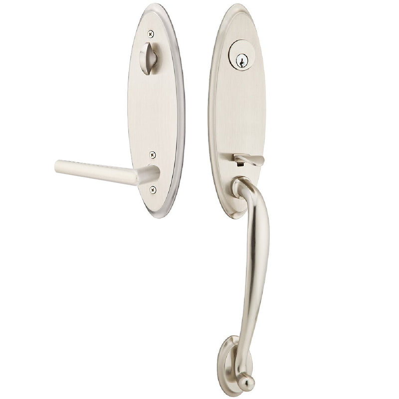 Emtek Single Cylinder Marietta Tubular Entrance Handleset With Right Handed Stuttgart Lever in Satin Nickel finish