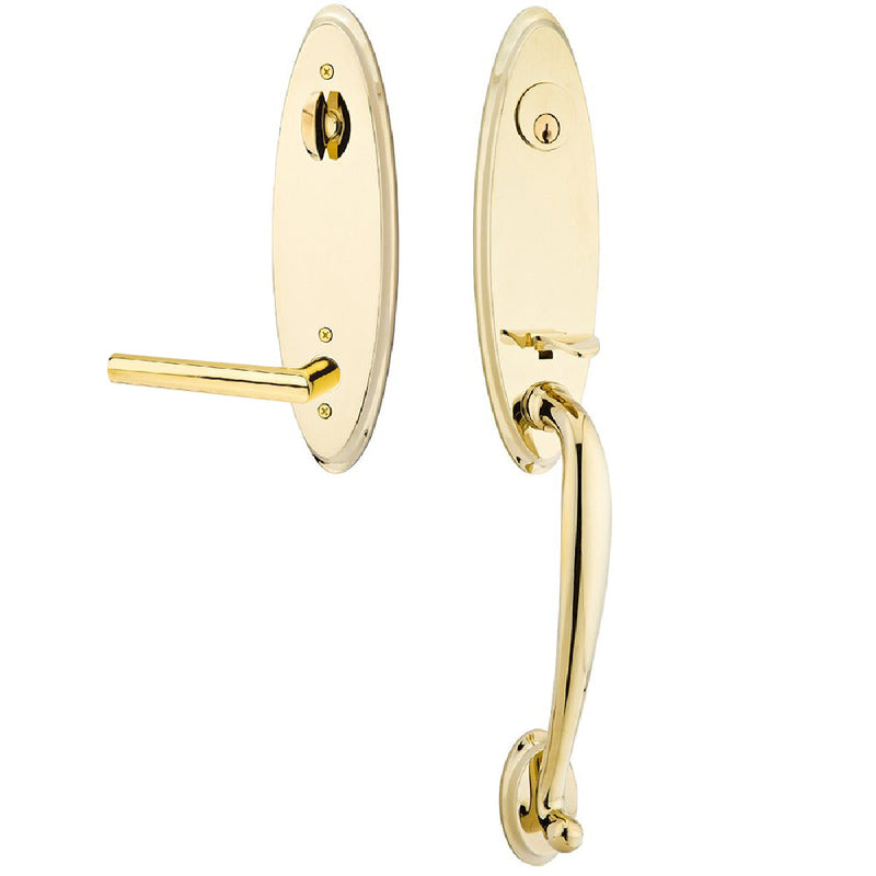 Emtek Single Cylinder Marietta Tubular Entrance Handleset With Right Handed Stuttgart Lever in Unlacquered Brass finish