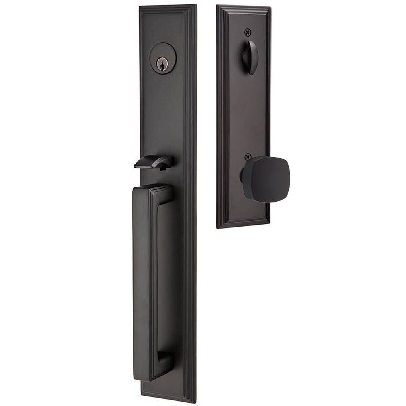 Emtek Single Cylinder Melrose Tubular Entrance Handleset With Freestone Square Knob in Flat Black finish