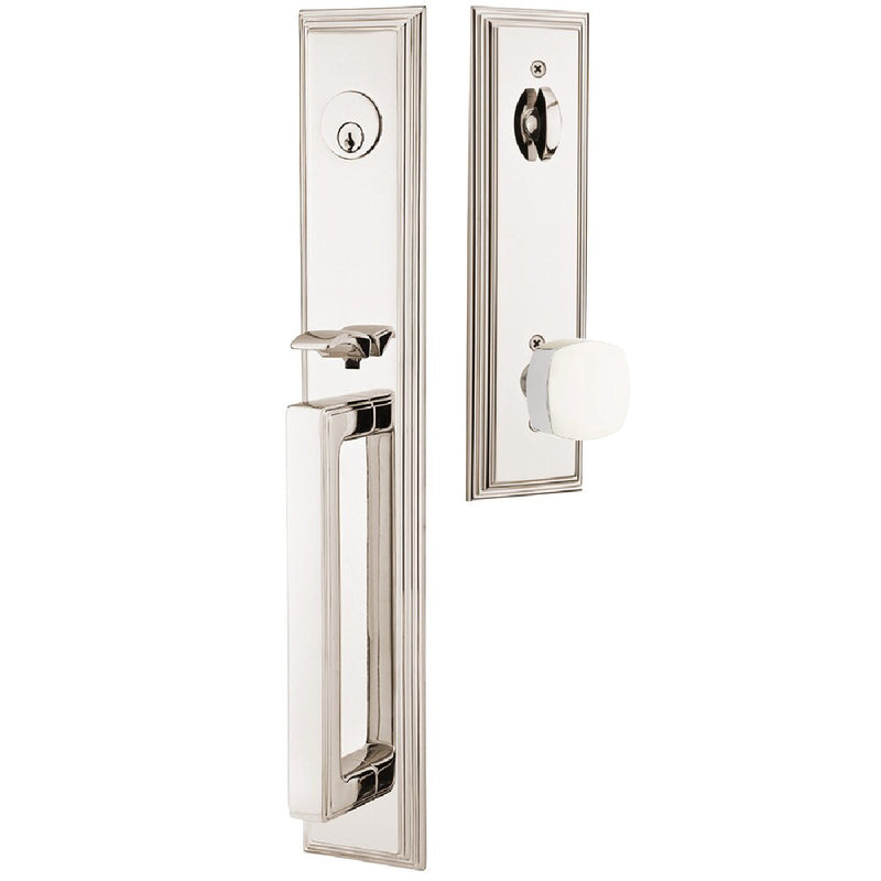 Emtek Single Cylinder Melrose Tubular Entrance Handleset With Freestone Square Knob in Lifetime Polished Nickel finish