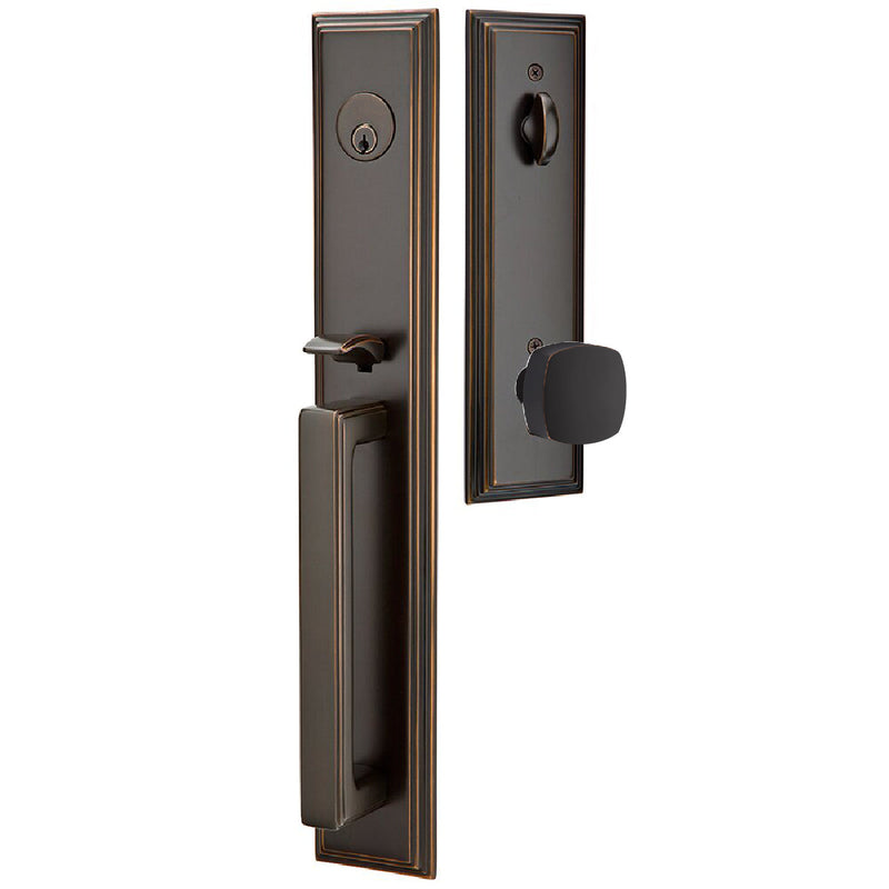 Emtek Single Cylinder Melrose Tubular Entrance Handleset With Freestone Square Knob in Oil Rubbed Bronze finish