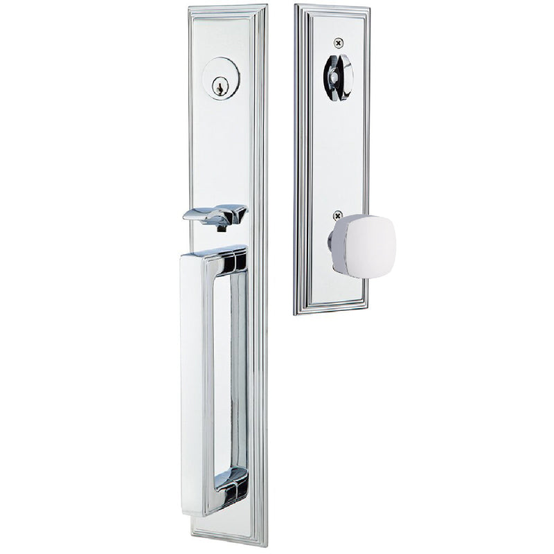 Emtek Single Cylinder Melrose Tubular Entrance Handleset With Freestone Square Knob in Polished Chrome finish