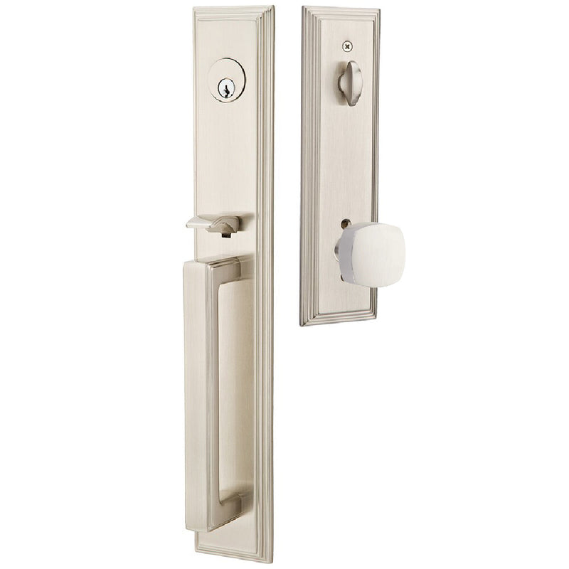 Emtek Single Cylinder Melrose Tubular Entrance Handleset With Freestone Square Knob in Satin Nickel finish