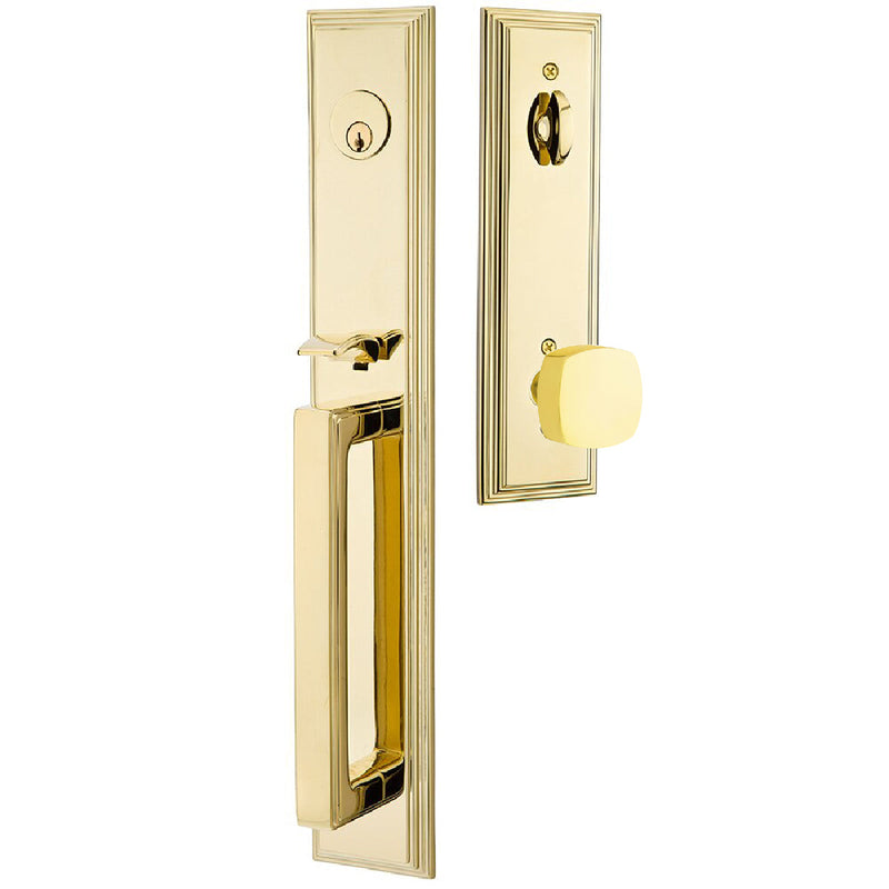 Emtek Single Cylinder Melrose Tubular Entrance Handleset With Freestone Square Knob in Unlacquered Brass finish