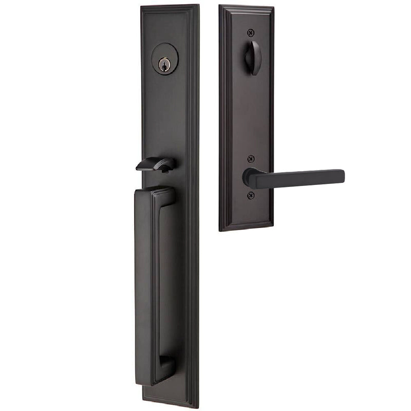 Emtek Single Cylinder Melrose Tubular Entrance Handleset With Left Handed Freestone Lever in Flat Black finish