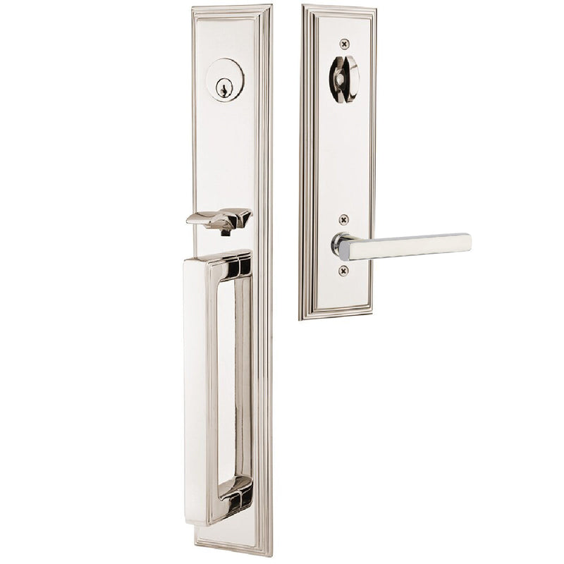 Emtek Single Cylinder Melrose Tubular Entrance Handleset With Left Handed Freestone Lever in Lifetime Polished Nickel finish