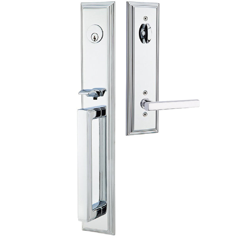 Emtek Single Cylinder Melrose Tubular Entrance Handleset With Left Handed Freestone Lever in Polished Chrome finish