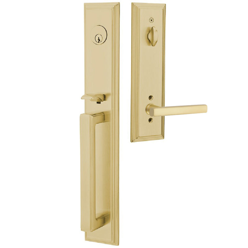 Emtek Single Cylinder Melrose Tubular Entrance Handleset With Left Handed Freestone Lever in Satin Brass finish