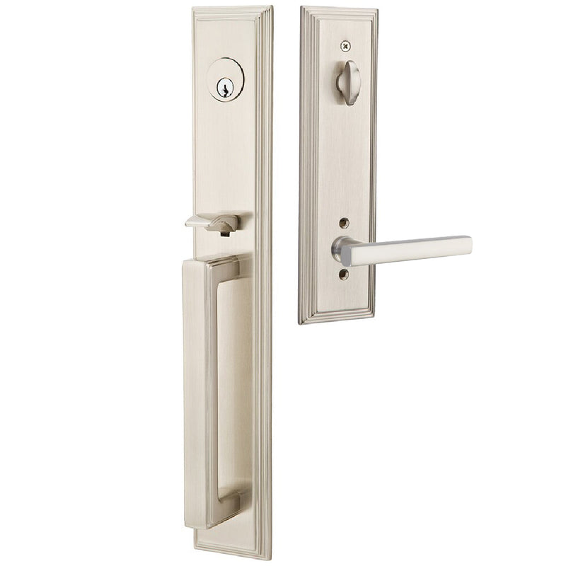 Emtek Single Cylinder Melrose Tubular Entrance Handleset With Left Handed Freestone Lever in Satin Nickel finish