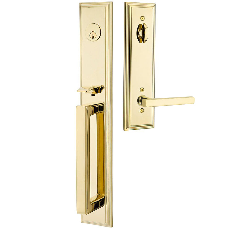 Emtek Single Cylinder Melrose Tubular Entrance Handleset With Left Handed Freestone Lever in Unlacquered Brass finish