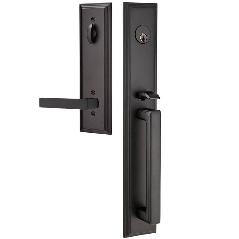 Emtek Single Cylinder Melrose Tubular Entrance Handleset With Right Handed Dumont Lever in Flat Black finish