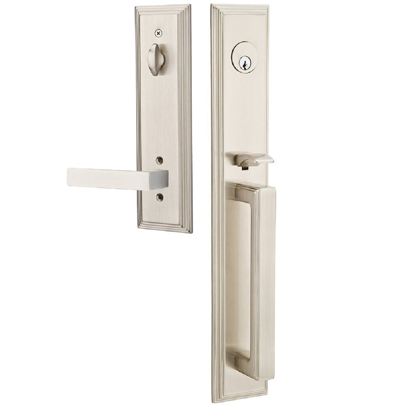 Emtek Single Cylinder Melrose Tubular Entrance Handleset With Right Handed Dumont Lever in Satin Nickel finish