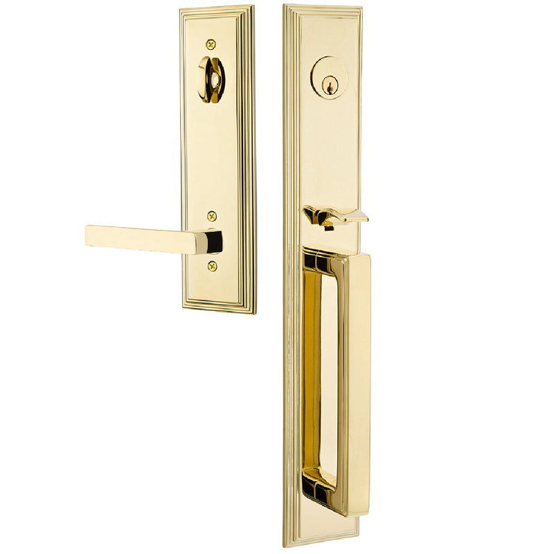 Emtek Single Cylinder Melrose Tubular Entrance Handleset With Right Handed Dumont Lever in Unlacquered Brass finish