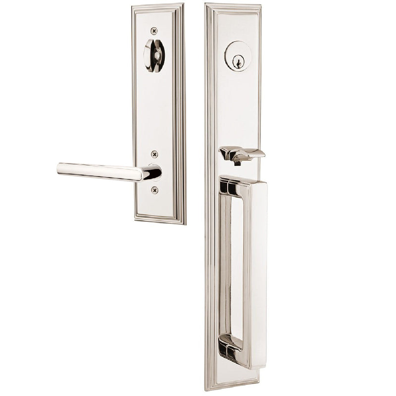 Emtek Single Cylinder Melrose Tubular Entrance Handleset With Right Handed Stuttgart Lever in Lifetime Polished Nickel finish