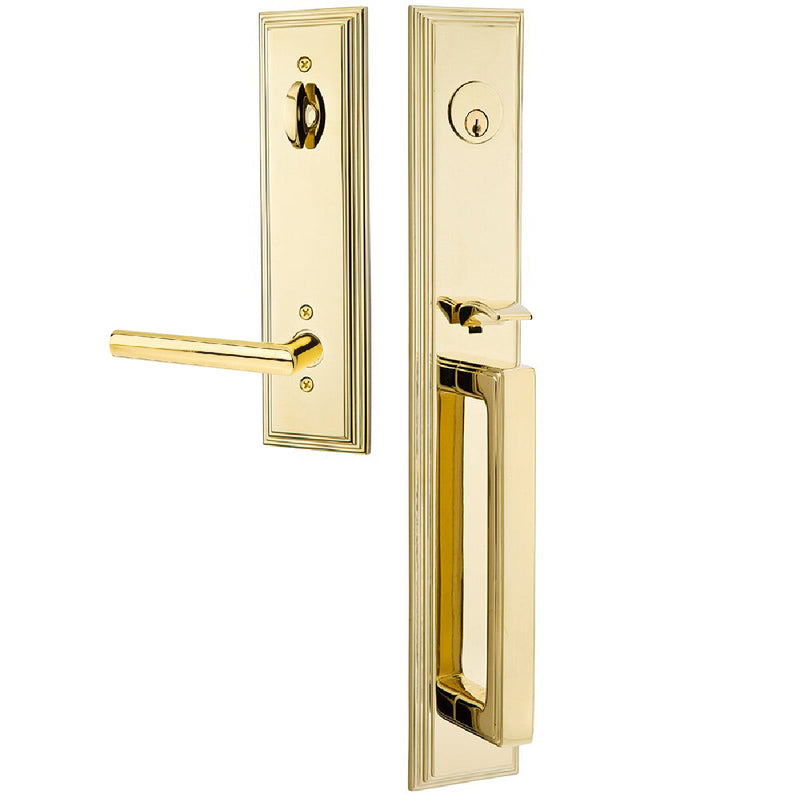 Emtek Single Cylinder Melrose Tubular Entrance Handleset With Right Handed Stuttgart Lever in Unlacquered Brass finish