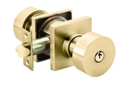 Emtek Single Cylinder Round Key in Knob with Square Rosette in Satin Brass finish
