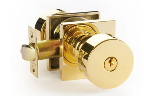 Emtek Single Cylinder Round Key in Knob with Square Rosette in Unlacquered Brass finish