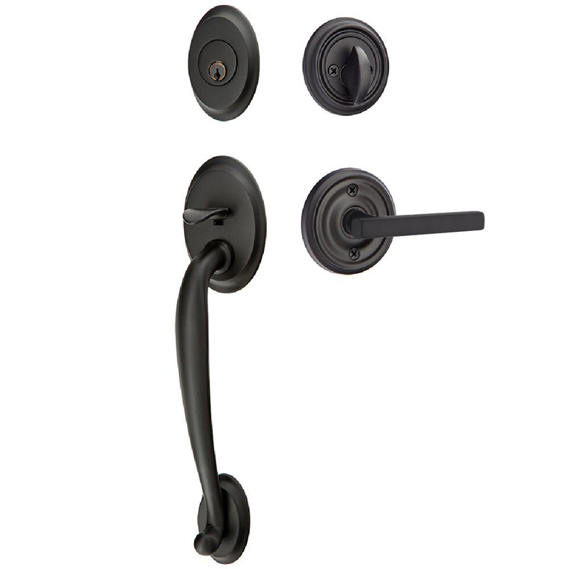 Emtek Single Cylinder Saratoga Tubular Entrance Handleset With Left Handed Freestone Lever in Flat Black finish