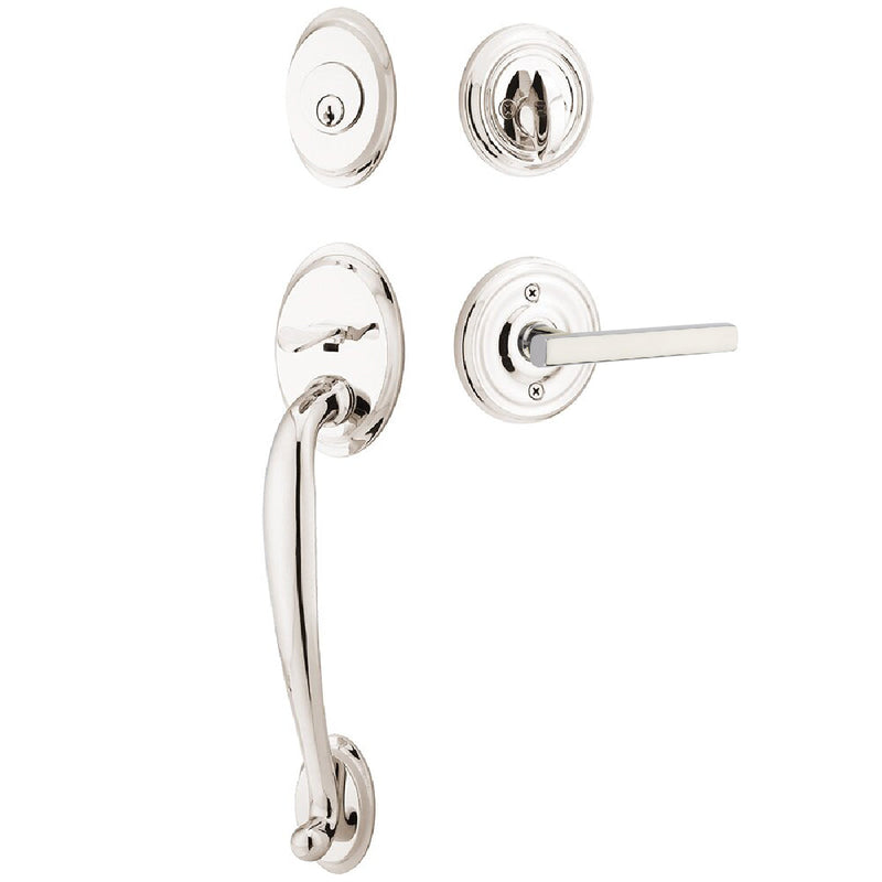 Emtek Single Cylinder Saratoga Tubular Entrance Handleset With Left Handed Freestone Lever in Lifetime Polished Nickel finish