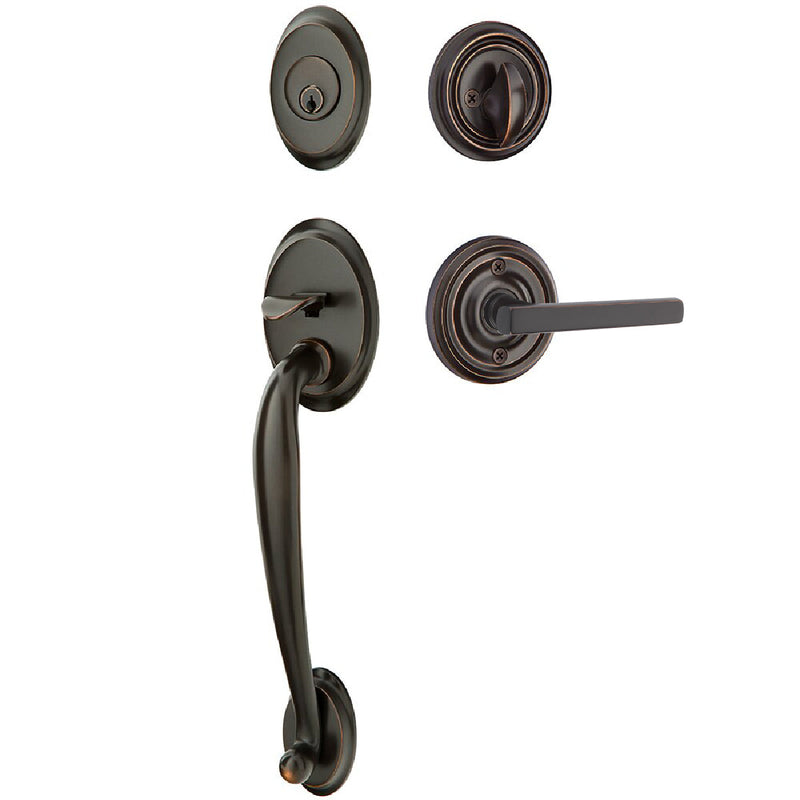 Emtek Single Cylinder Saratoga Tubular Entrance Handleset With Left Handed Freestone Lever in Oil Rubbed Bronze finish