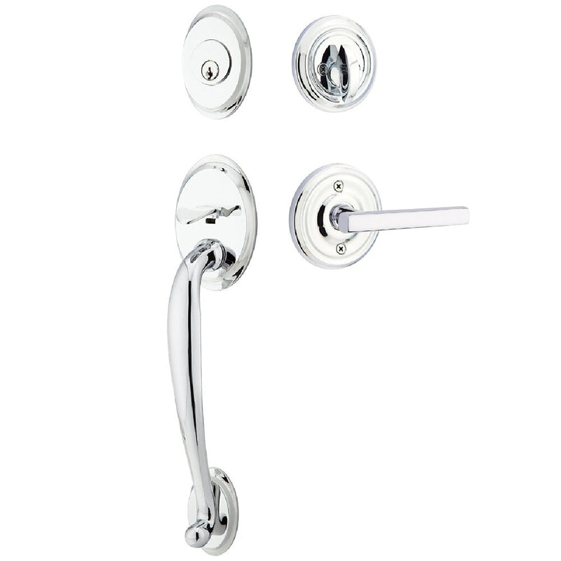 Emtek Single Cylinder Saratoga Tubular Entrance Handleset With Left Handed Freestone Lever in Polished Chrome finish