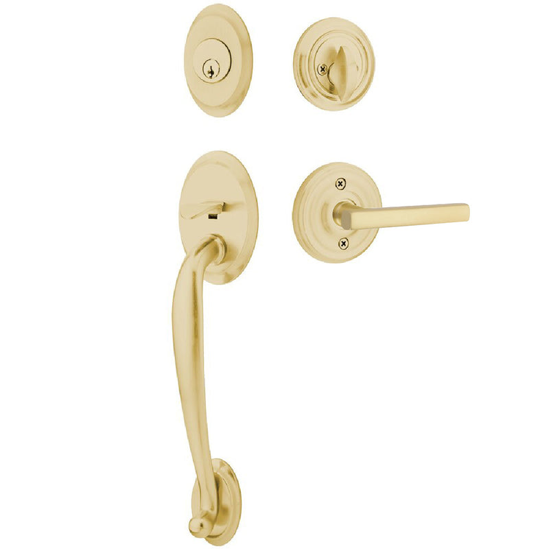 Emtek Single Cylinder Saratoga Tubular Entrance Handleset With Left Handed Freestone Lever in Satin Brass finish