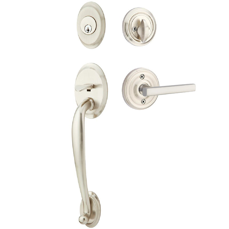 Emtek Single Cylinder Saratoga Tubular Entrance Handleset With Left Handed Freestone Lever in Satin Nickel finish