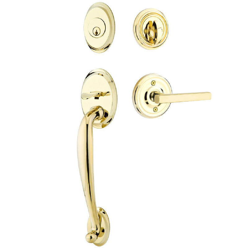 Emtek Single Cylinder Saratoga Tubular Entrance Handleset With Left Handed Freestone Lever in Unlacquered Brass finish