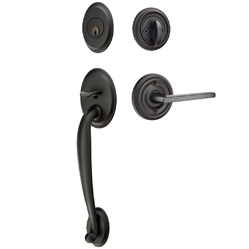 Emtek Single Cylinder Saratoga Tubular Entrance Handleset With Left Handed Helios Lever in Flat Black finish