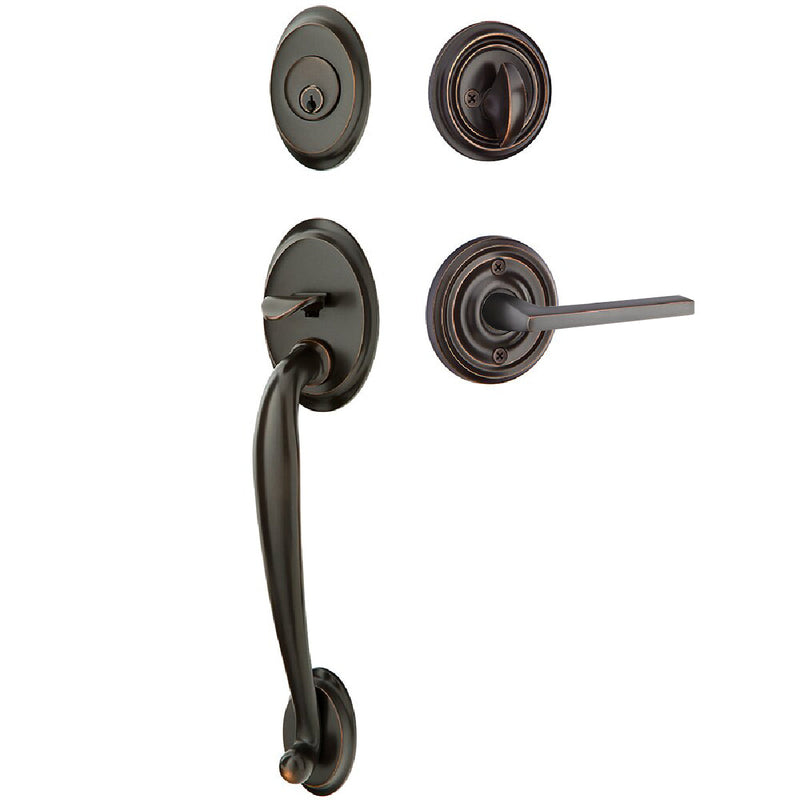 Emtek Single Cylinder Saratoga Tubular Entrance Handleset With Left Handed Helios Lever in Oil Rubbed Bronze finish