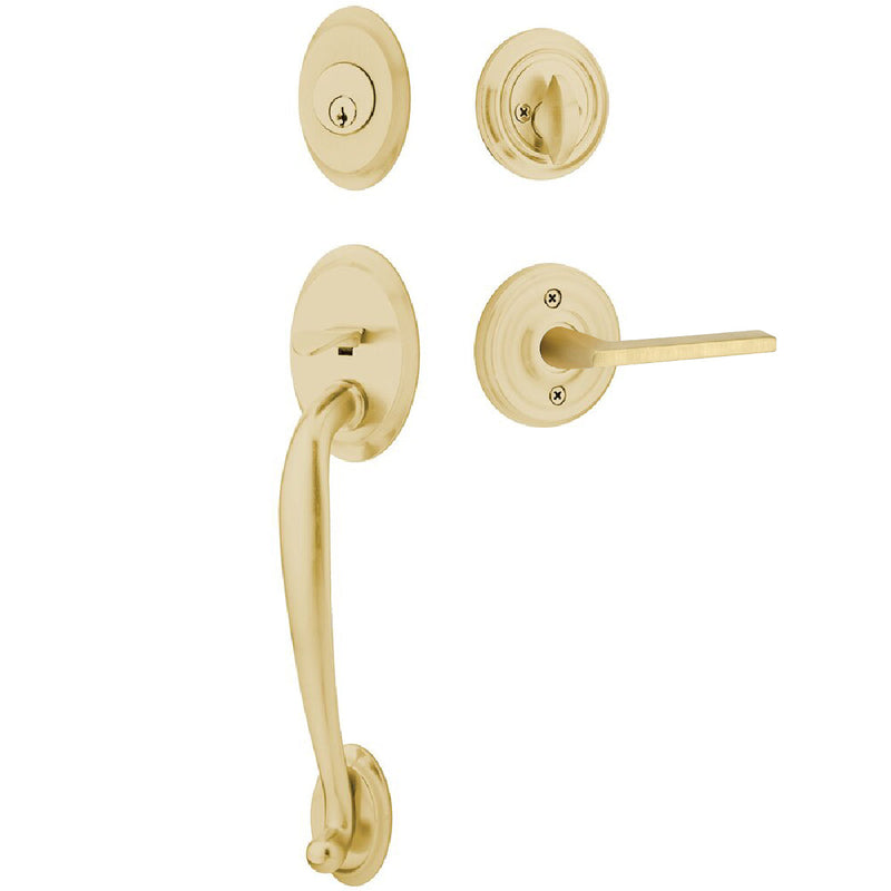 Emtek Single Cylinder Saratoga Tubular Entrance Handleset With Left Handed Helios Lever in Satin Brass finish