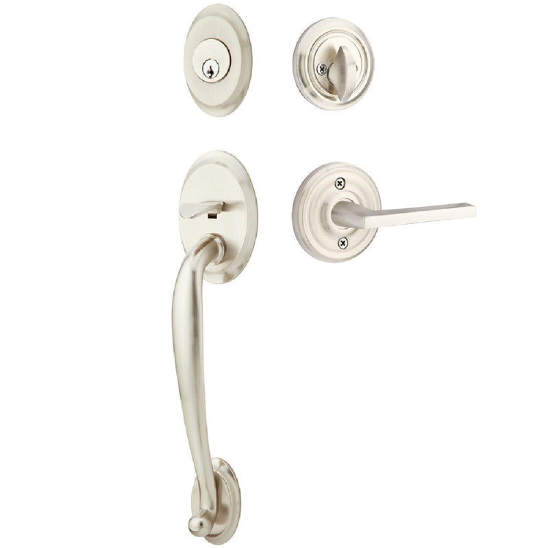 Emtek Single Cylinder Saratoga Tubular Entrance Handleset With Left Handed Helios Lever in Satin Nickel finish