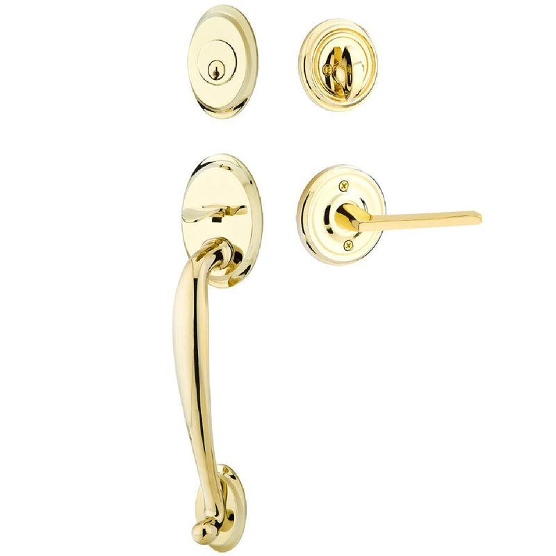 Emtek Single Cylinder Saratoga Tubular Entrance Handleset With Left Handed Helios Lever in Unlacquered Brass finish