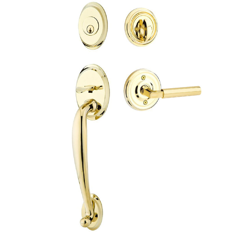 Emtek Single Cylinder Saratoga Tubular Entrance Handleset With Left Handed Hercules Lever in Unlacquered Brass finish