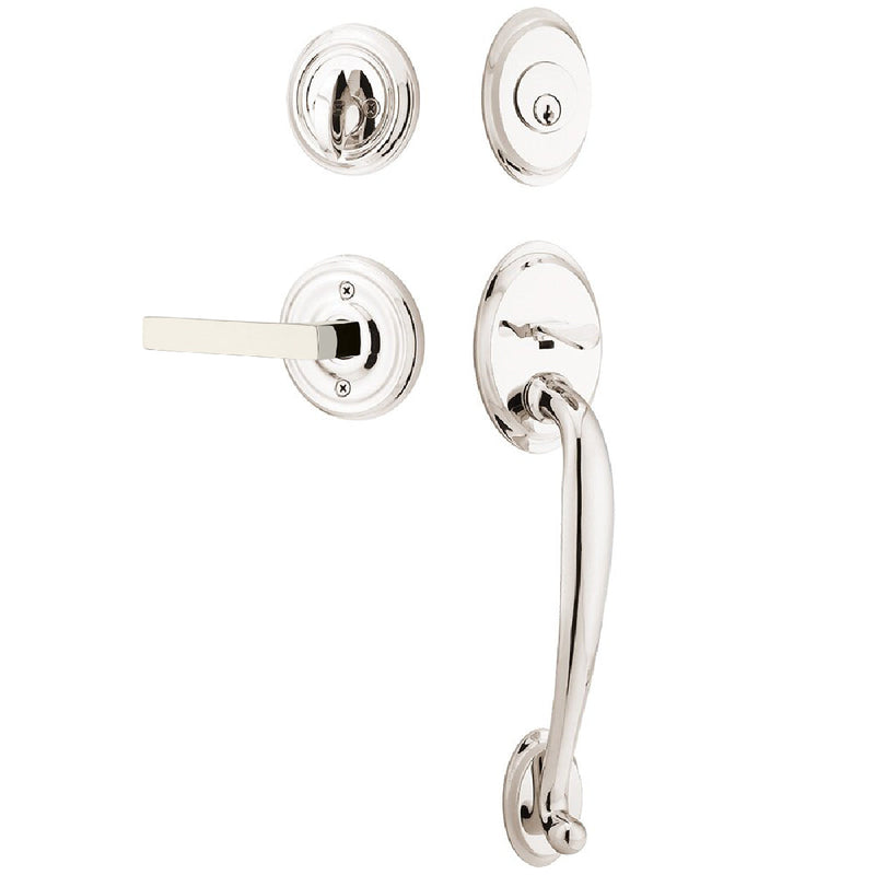 Emtek Single Cylinder Saratoga Tubular Entrance Handleset With Right Handed Dumont Lever in Lifetime Polished Nickel finish