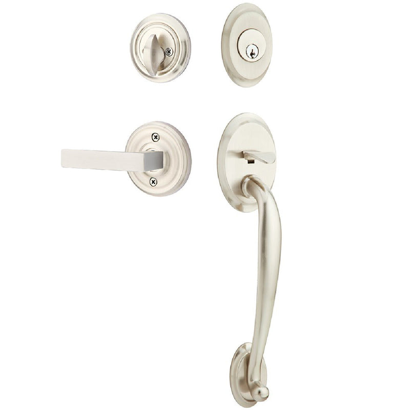 Emtek Single Cylinder Saratoga Tubular Entrance Handleset With Right Handed Dumont Lever in Satin Nickel finish