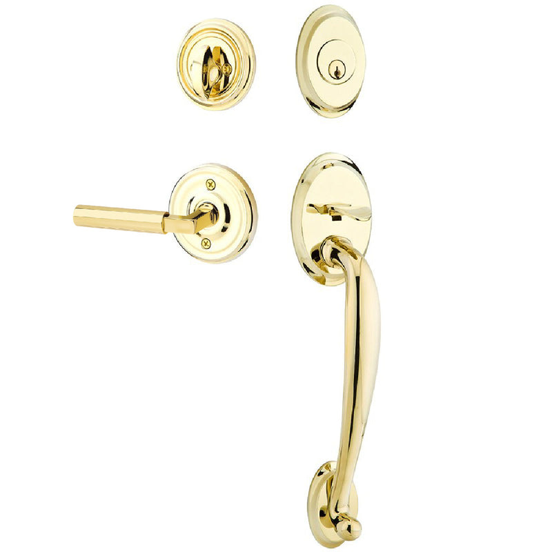 Emtek Single Cylinder Saratoga Tubular Entrance Handleset With Right Handed Hercules Lever in Unlacquered Brass finish