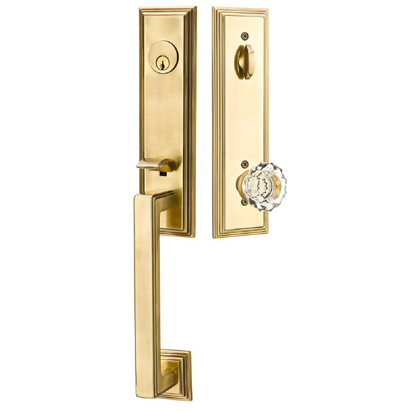 Emtek Single Cylinder Wilshire Tubular Entrance Handleset With Astoria Clear Knob in French Antique finish