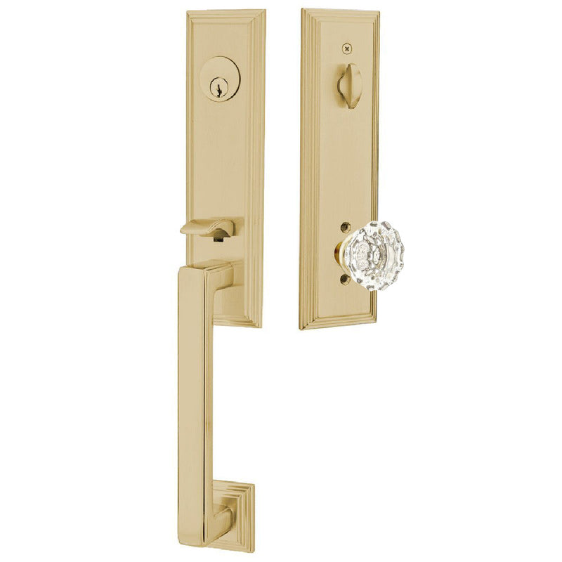 Emtek Single Cylinder Wilshire Tubular Entrance Handleset With Astoria Clear Knob in Satin Brass finish