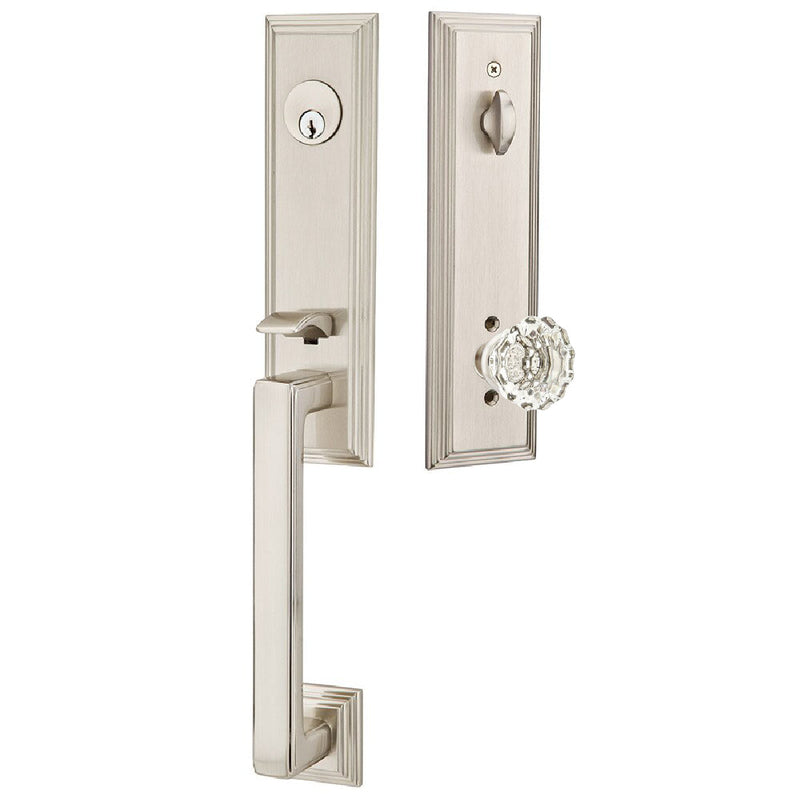 Emtek Single Cylinder Wilshire Tubular Entrance Handleset With Astoria Clear Knob in Satin Nickel finish