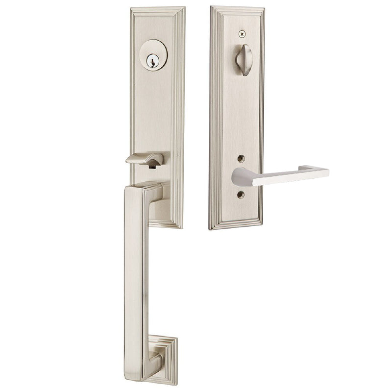 Emtek Single Cylinder Wilshire Tubular Entrance Handleset With Left Handed Argos Lever in Satin Nickel finish