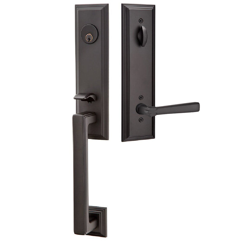 Emtek Single Cylinder Wilshire Tubular Entrance Handleset With Left Handed Arts & Crafts Lever in Flat Black finish