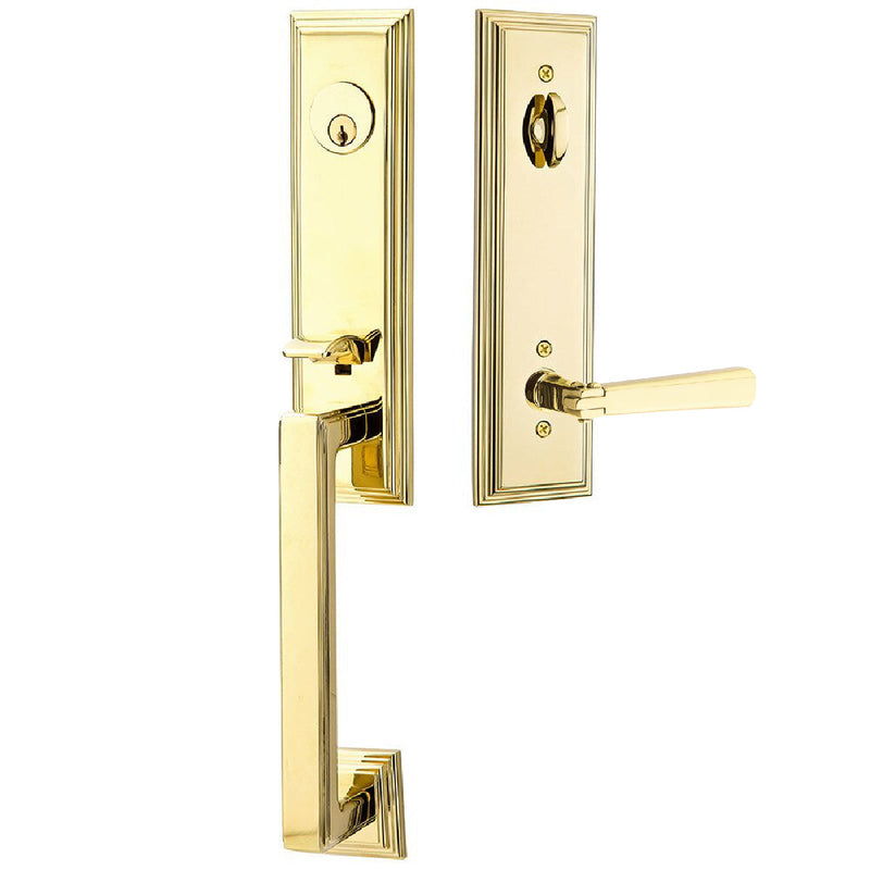 Emtek Single Cylinder Wilshire Tubular Entrance Handleset With Left Handed Arts & Crafts Lever in Unlacquered Brass finish