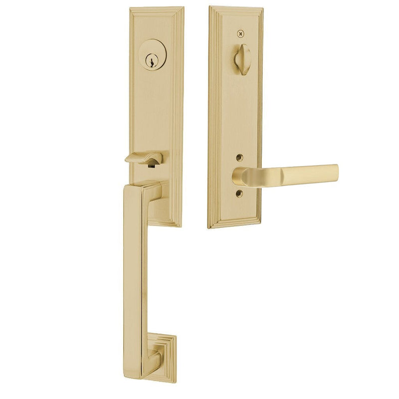 Emtek Single Cylinder Wilshire Tubular Entrance Handleset With Left Handed Aston Lever in Satin Brass finish