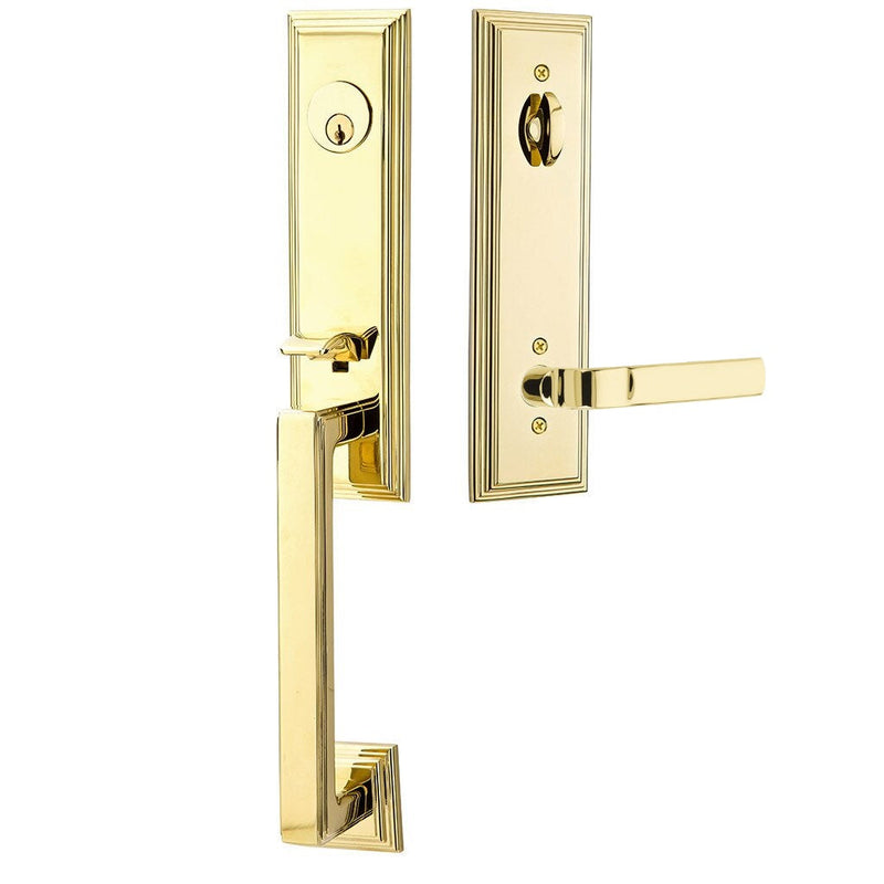 Emtek Single Cylinder Wilshire Tubular Entrance Handleset With Left Handed Aston Lever in Unlacquered Brass finish