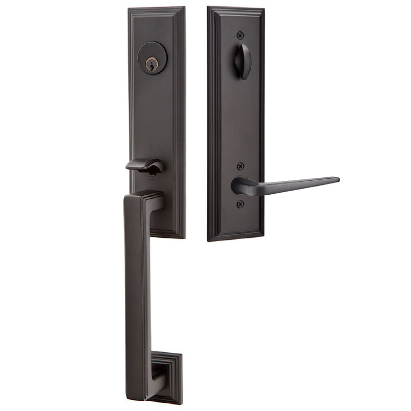 Emtek Single Cylinder Wilshire Tubular Entrance Handleset With Left Handed Athena Lever in Flat Black finish