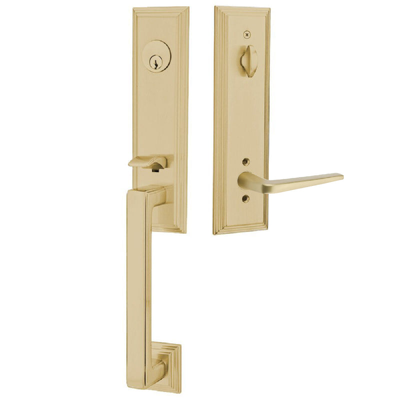 Emtek Single Cylinder Wilshire Tubular Entrance Handleset With Left Handed Athena Lever in Satin Brass finish