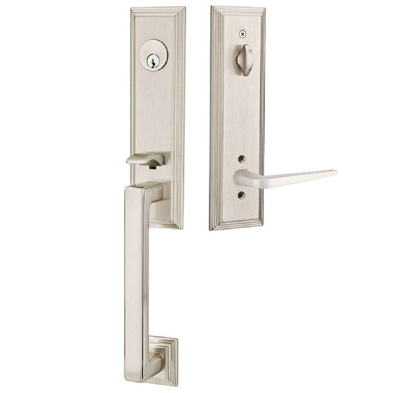 Emtek Single Cylinder Wilshire Tubular Entrance Handleset With Left Handed Athena Lever in Satin Nickel finish