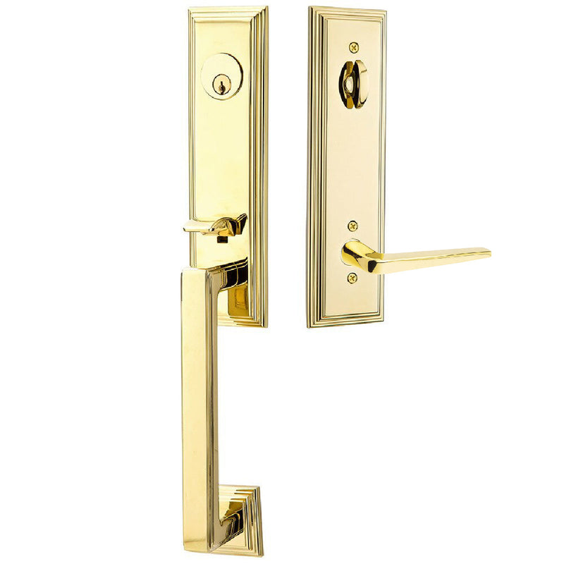 Emtek Single Cylinder Wilshire Tubular Entrance Handleset With Left Handed Athena Lever in Unlacquered Brass finish